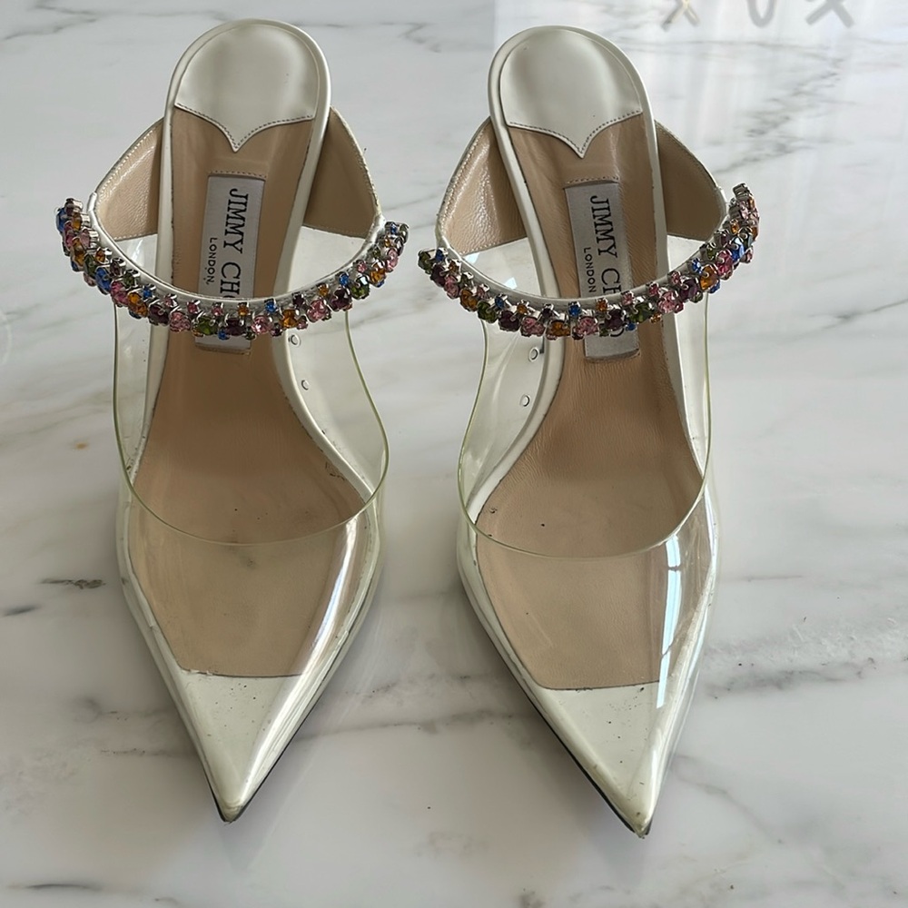 Jimmy Choo Bing 100 PVC Mules with Multicolor Crystal Strap. Size 40